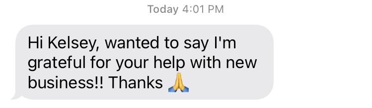 Client message: grateful for help with new business